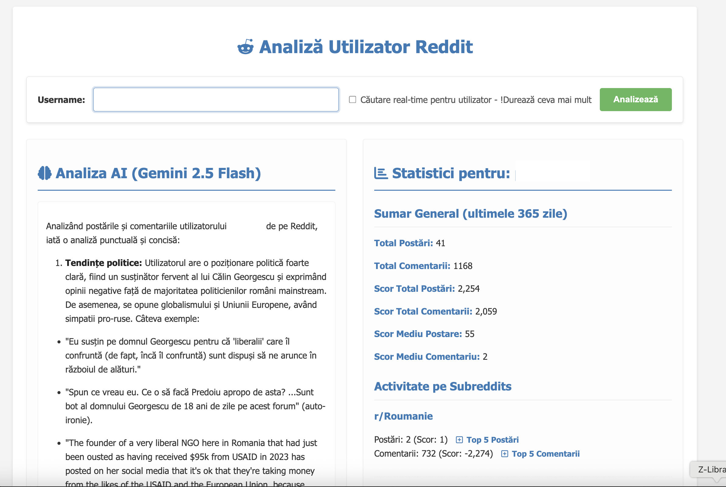 Captură ecran Analiză Utilizator Reddit